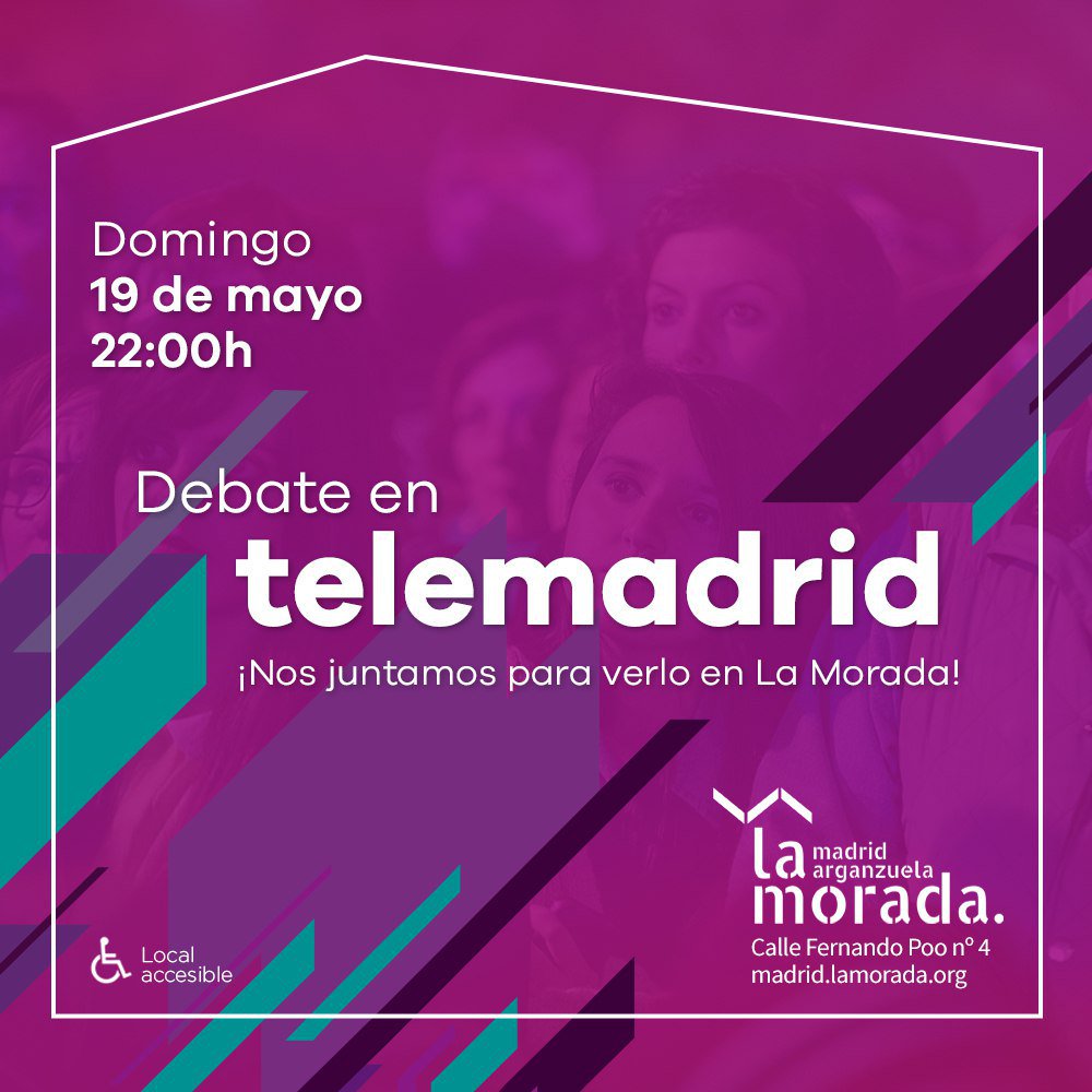 MoradaMadrid's tweet photo. ¡El próximo domingo tenemos una cita! Es el debate electoral de candidatas y candidatos a la presidencia de la Comunidad de Madrid y, una vez más, te invitamos a verlo juntas. ¡Te esperamos! 📺💜 https://t.co/XK8p0KR0GZ