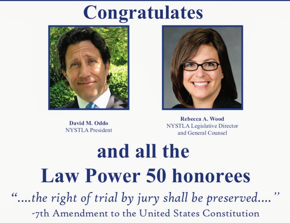 NYSTLA's tweet photo. A big congratulations to @CityAndStateNY #LawPower honorees including our own President @david_oddo and Legislative Director Rebecca Wood. Fighting for #ConsumerRights every day. https://t.co/AhcMnVkdRq