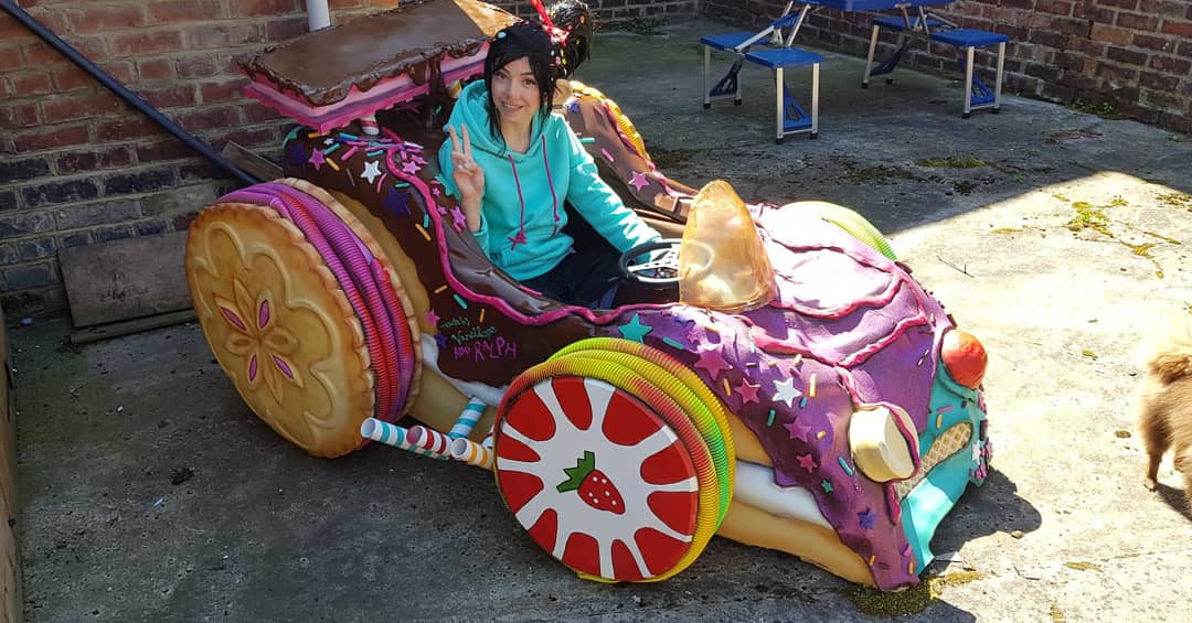 littlejem4's tweet photo. Here it is! What I've been working on the past few weeks on my lonesome 😁 A fully driveable Vanellope von schweetz- candy kart. 💜💙💛💚🧡❤

- and I had to make the shape of this kart different to fit the frame and engine. 

 #vanellopevonschweetz
#wreckitralph #disney https://t.co/UnCXX28wSF