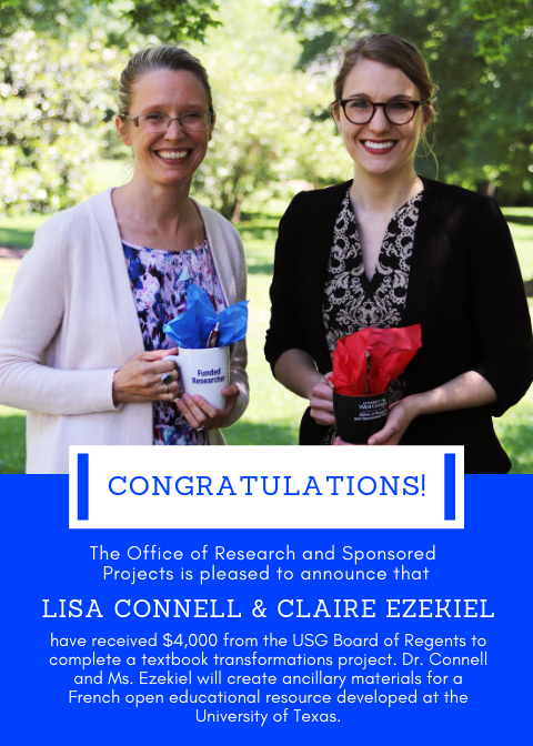 WestGAORSP's tweet photo. Congrats to Dr. Connell and Claire Ezekiel for receiving $4,000 for a French textbook transformation project! Read more about the money our students will save here: https://t.co/3petHfbhjx @UWG_COAH @UwgLanguages  #UWGResearch https://t.co/hrXrNNRAGG