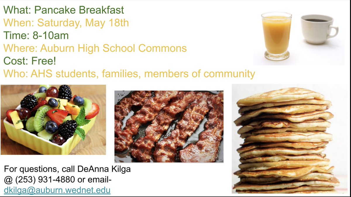 AHS is hosting a free community pancake breakfast this Saturday, May 18 from 8-10am in our Commons. Our goal is to connect with students, families and community members who all play a part in student success. Start your Saturday with a healthy balance of fruit, protein and carbs!