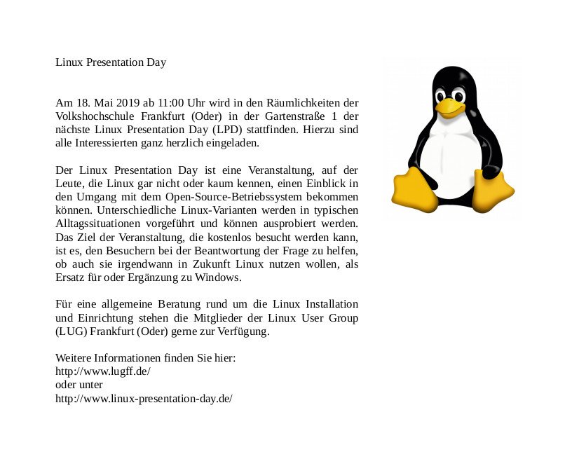 LUG_FF's tweet image. #LinuxPresentationDay #linux @debian @fsf @ubuntu #frankfurtOder #FFO Samstag, 18.05.2019 ab 11 Uhr #VHS_FFO #tux
