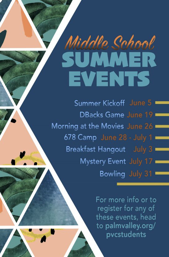 PVC678's tweet image. Middle School students! Don’t be bored this summer and come join us in some awesome events we have planned just for YOU! Bring a friend and register with the link in our bio today!