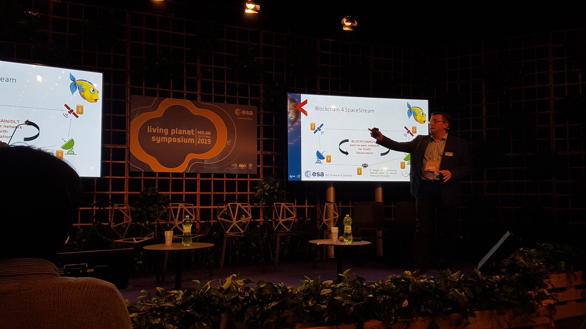 PlanetekHellas's tweet photo. the spacestream brings securily the value of the upstream directly to the user who is able to buy it. using state of the art technologies as #AI, on board processing #Blockchain&amp; #HPC A creative speech by @planetek's @cabbatti #LPS19 #BackToTheFutureEO #LivingPlanet  #Planetek25 https://t.co/p8AEmXLITW