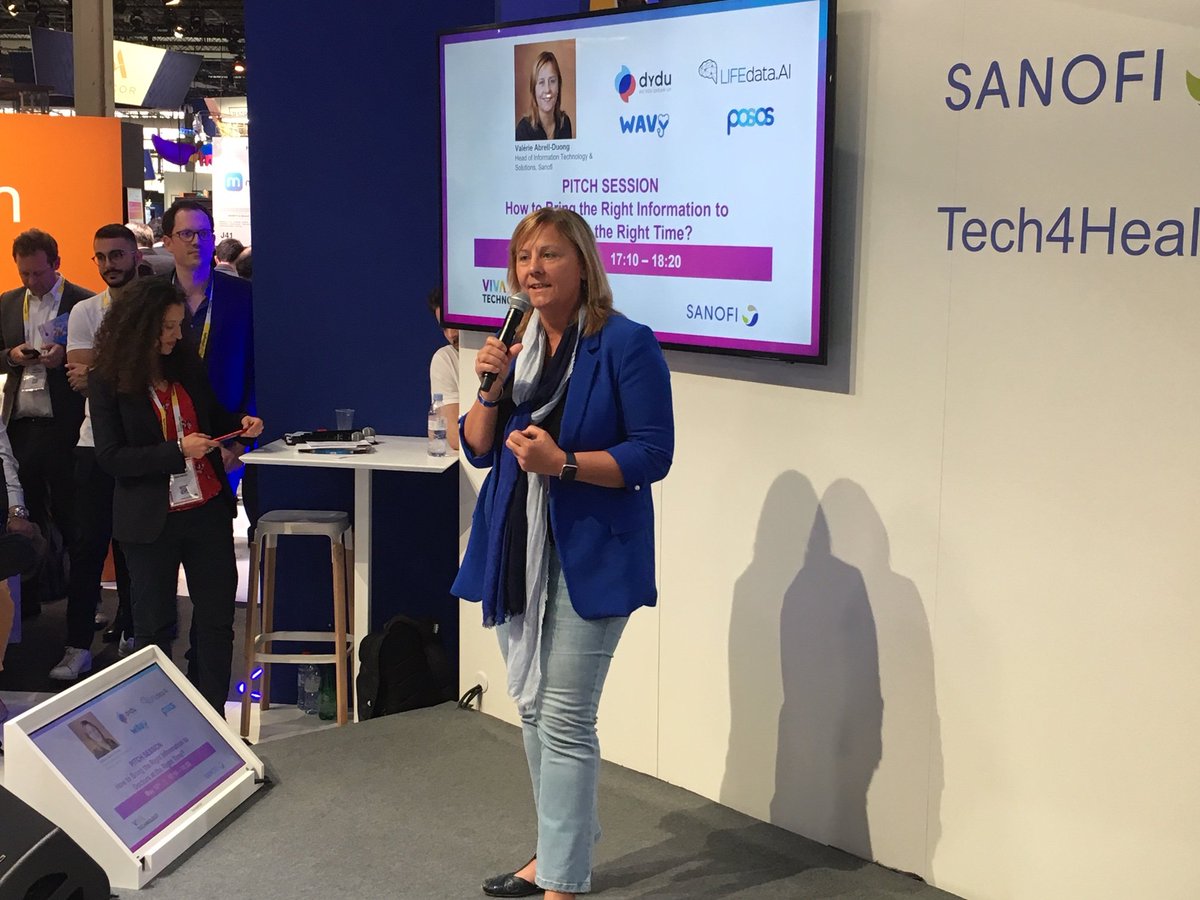 sanofi's tweet photo. Pitch Session #3: Intro by Valérie Abrell-Duong Head of Information Technology &amp; Solutions at #Sanofi. The topic is "Help us get the right information to doctors at the right time!" Startups are: @posos_tech, @WavyAssistant, @DoYouDreamUp, #LIFEdata, @omarfogliadini #Vivatech https://t.co/BsuHnEWFBR