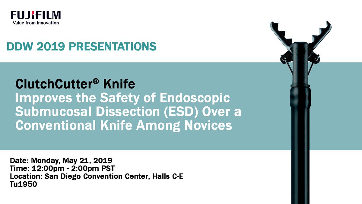 FujifilmHealth's tweet photo. Fujifilm’s endoscopy products will be featured in more than a dozen presentations in a few days at #DDW19! Check below for details, and be sure to work them into your agenda at the meeting. You won’t want miss #BLI, #LCI and our #ClutchCutter for #ESD. Fujifilm booth #4823 https://t.co/olOZ3EHoSH