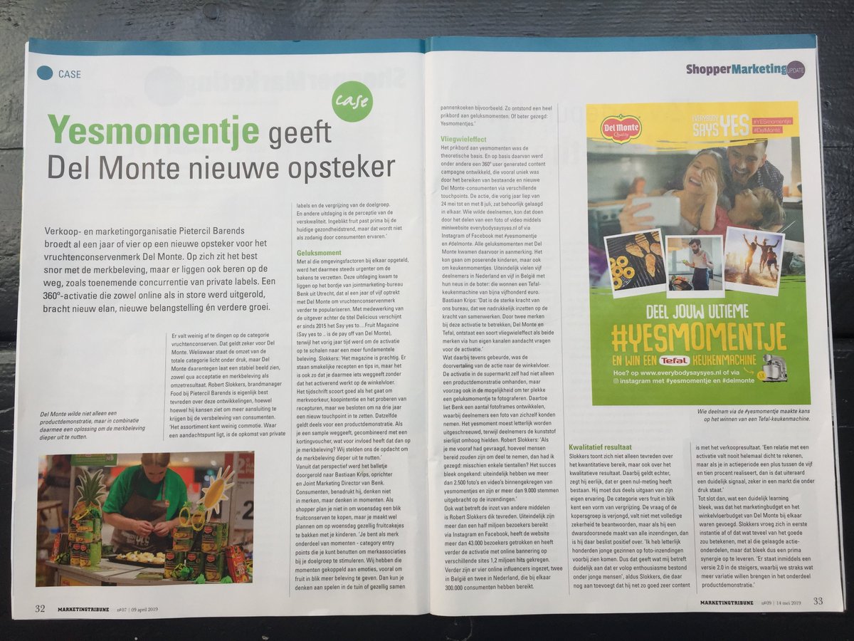 BuroBenk's tweet photo. Een ‘yesmomentje’ voor BENK! In de MarketingTribune van deze week vertelt Bastiaan Krips, onze Joint Marketing Director, meer over onze activatiecampagne voor Del Monte: het #yesmomentje. Bekijk onze Del Monte case! https://t.co/NKqwy8oYxn https://t.co/6DJu0vqZ2S
