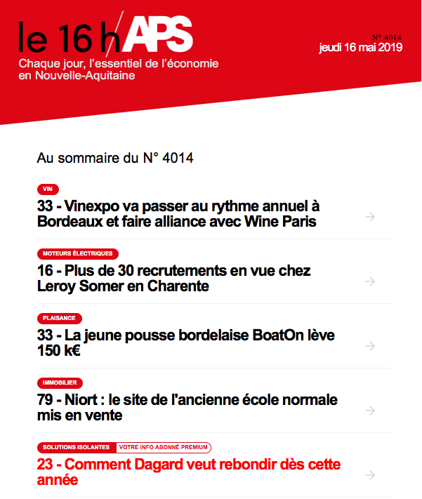APSecobusiness's tweet photo. Le 16h/APS du Jeudi 16 Mai

@VINEXPO, @Leroy_Somer, @BoatOn_Pro, @Mairie_Niort sont à la une de l'actualité aujourd'hui

Consultez les articles sur :
https://t.co/3wklRQoPIW

Recevez gratuitement le 16h/APS :
https://t.co/FDSIOt13eK https://t.co/RsRNH2UVir