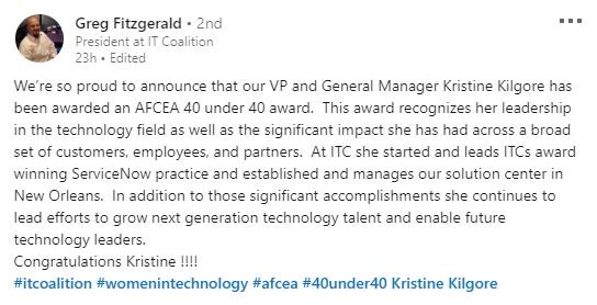 ITCoalition's tweet photo. We're so proud of our VP/GM! @kjkilgore11 has been awarded an #AFCEA 40 under 40 award, recognizing her excellent leadership in the technology field. Please join us in congratulating her for this amazing recognition! #AFCEAtechnet #AFCEAcyber #40under40 #womenintech #itcoalition https://t.co/4mkT7Fo9uG