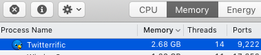 Hey <a href="/Twitterrific/">Twitterrific</a> how much RAM is enough RAM for you? It’s a slow climb, but who would have thought a twitter client is worse on RAM than Chrome??? Wow.