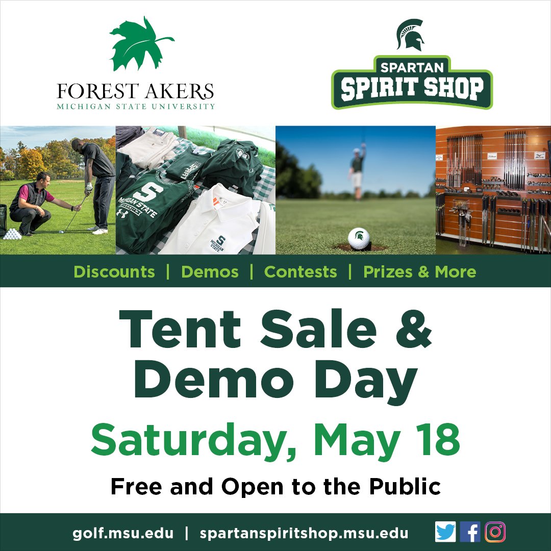 Forest Akers MSU (@forestakersmsu) on Twitter photo Join us Saturday, May 18 for our Tent Sale and Demo Day!
East Course Tent Sale - 10 a.m.-6 p.m. 
Equipment Demos - 11-4 p.m.
Long Drive Competition - 11-4 p.m. Join us Saturday, May 18 for our Tent Sale and Demo Day!
East Course Tent Sale - 10 a.m.-6 p.m. 
Equipment Demos - 11-4 p.m.
Long Drive Competition - 11-4 p.m.