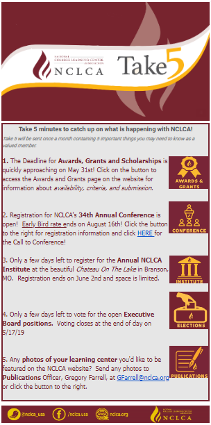 Got 5 Mins? Get to know what's going on in <a href="/NCLCA_USA/">NCLCA</a> in our special segment "Take-5". Awards, Conference, Institute, Elections, and MORE!! To make it even easier to access the current info, go to nclca.org/take5 for links to content and ability to share!