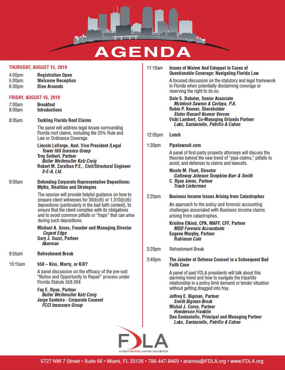 :: Insurance Attorneys and Professionals :: Registration is NOW OPEN for FDLA’s 1st Annual Florida Insurance Network Symposium  (FINS), covering first party property, insurance coverage, and bad faith claims, August 15-16, 2019 at the @SheratonTampaDT. REGISTER TODAY!