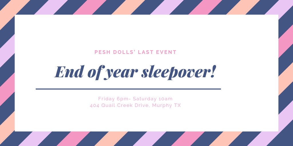 peshdolls's tweet photo. OUR LAST EVENT OF THE YEAR IS ONE DAY AWAY!!!!
We will have Taco Bell, ice cream, hot tub, waffles, face masks, and more! You don’t want to miss it! https://t.co/M7iY0yPYeb