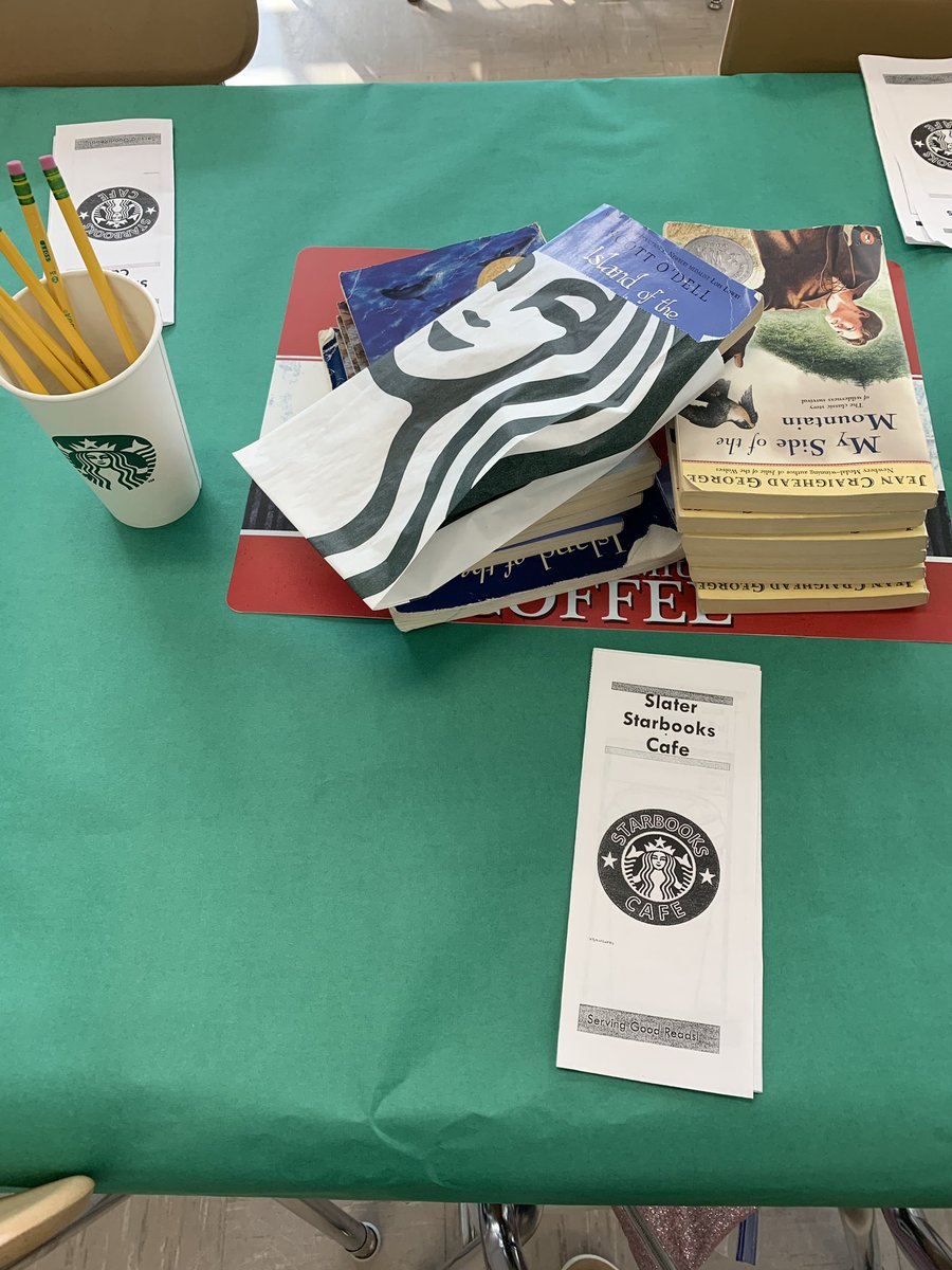 focusedin4th's tweet photo. Starbooks Slater is a barista today serving hot cups of literature to students who read a latte 📕📖☕️ We had so much fun previewing and selecting our books for our literature circles! https://t.co/bio2MXxYEA