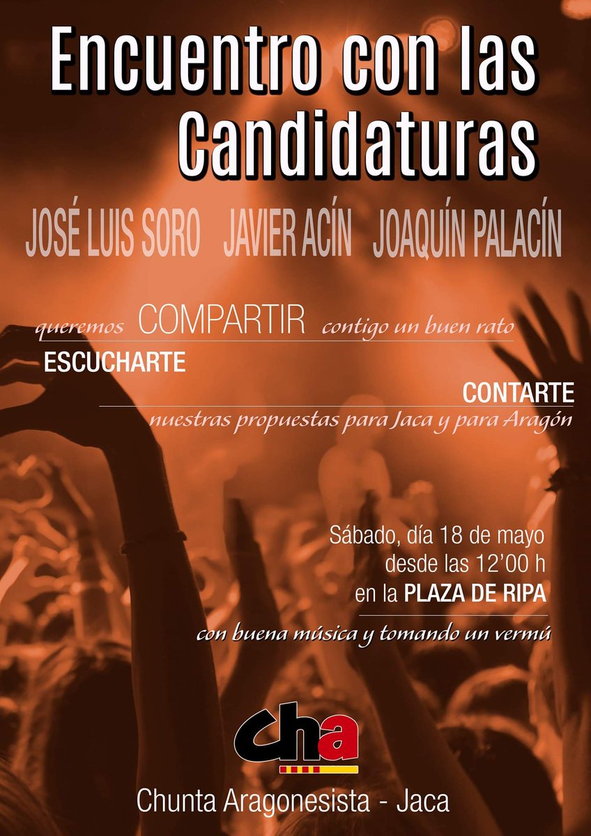 ChaJacetania's tweet photo. ENCUENTRO CON LOS CANDIDATOS:
Sábado, día 18, a partir de las 12'00 h
Plaza de Ripa
¡¡Te esperamos! @chunta @JoaquinPalacin @piriacin @cope_jaca @daniellostao @LauraJaca @plppalomar @jacacom @aragontv @altoaragon @RadioZaragoza @HuescaTv @PirinewsInfo @_ElPirineo @VenturaJvch https://t.co/gFIeHllU1F