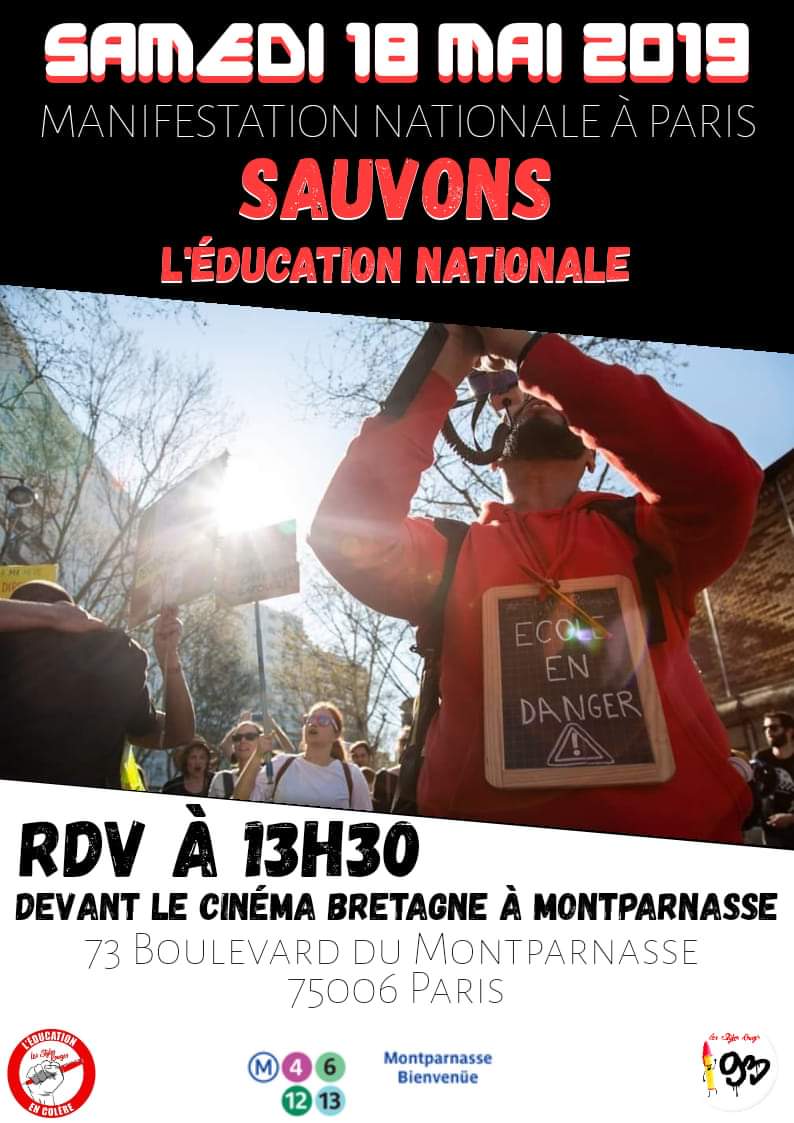 stylos_les's tweet photo. Samedi 18 mai les #StylosRouges  les collectifs parents/profs et @CollectifLes vous donnent RDV devant le cinéma Bretagne à Montparnasse à 13h30. 
Préparez-vous à chanter votre colère. #BloquonsBlanquer
#STOPréformesBlanquer #STOPMepris #augmentetonprof 
#greveexamens2019 https://t.co/wFX2lNPHXQ