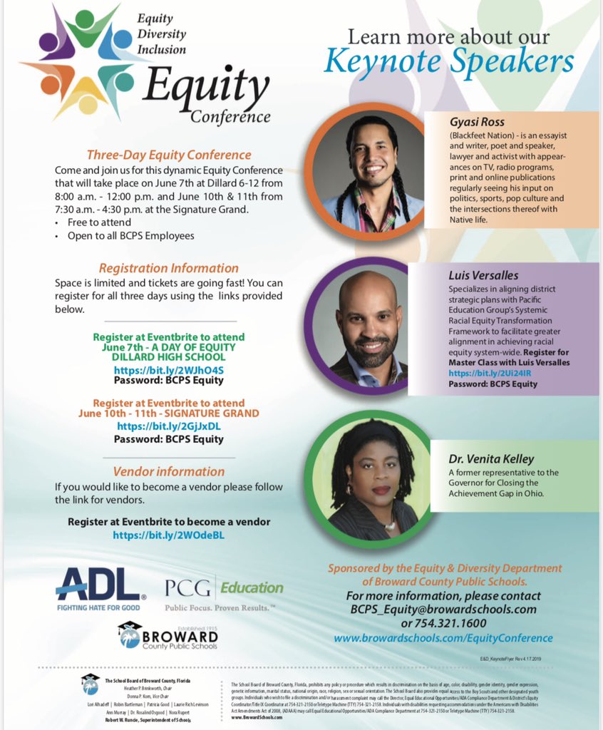 EDiversitybcps's tweet photo. Please join us for this dynamic Equity Conference brought to by Broward County Public Schools and the Equity and Diversity Department. https://t.co/c6D5iwn4Ma