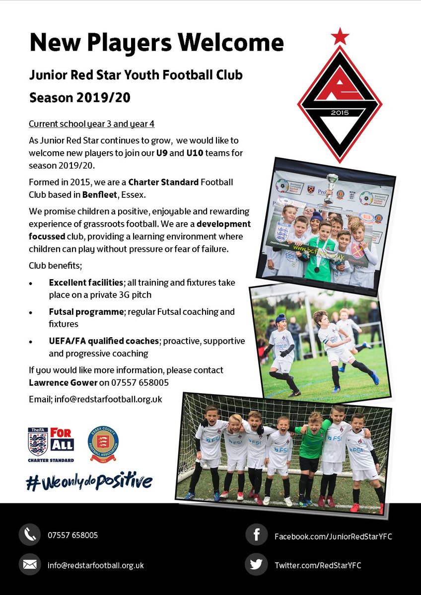 The club would like to welcome new players to next season's U9 and U10 teams! (Current school years 3 &amp; 4).
For more information, get in touch;
📨 info@redstarfootball.org.uk
📞 07557658005
⚽⚪⚫🔴 
<a href="/EssexCountyFA/">Essex County FA</a> #Squadbooster <a href="/BCFAYL/">BCFA Youth League</a> <a href="/SEEPL1997/">South East Essex Primary League</a>
#Essexfootball #Benfleet