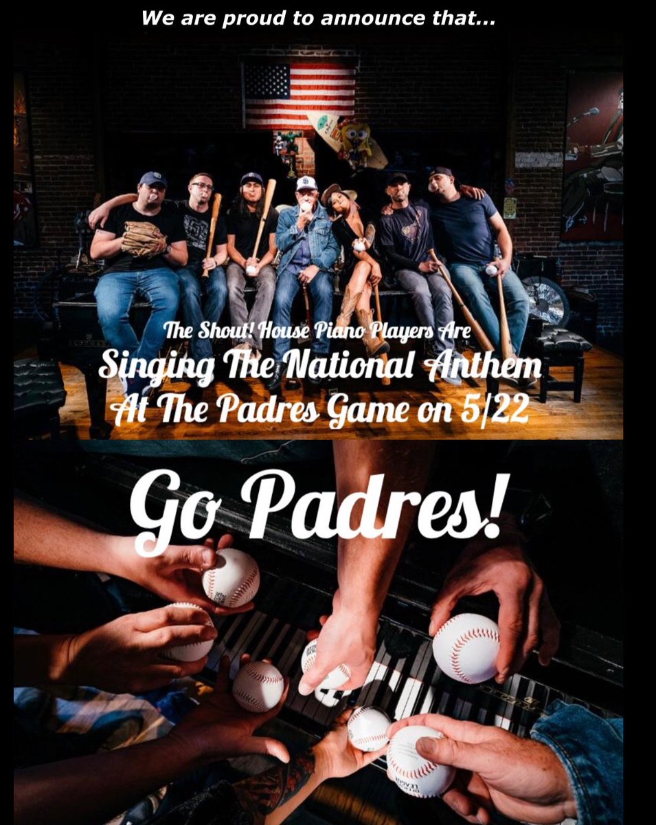 ur talented piano players will all be singing the NATIONAL ANTHEM at the Padres Home Game 12:45pm in Petco Park in exactly ONE WEEK! Wed May 22 😱
Go support them by coming to the game and watch them LIVE A Cappella!
#padres #nationalanthem #duelingpianists #shouthouse #bestbar