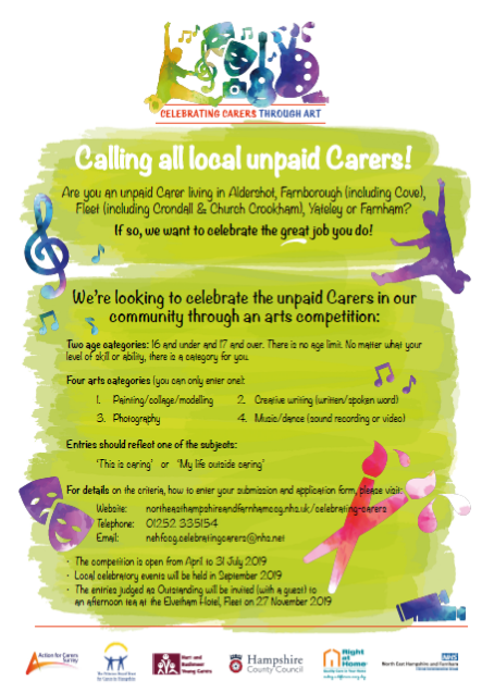 CATALYSTethos's tweet photo. Are you an unpaid #carer living in #Aldershot, #Farnborough, #Fleet, #Yately or #Farnham and have a creative side? If so, then why not enter the below competition👇👇
Help spread the word - entries close in July
#carers #competition #GetInvolved #Wellbeing https://t.co/VgvCuv4oSZ