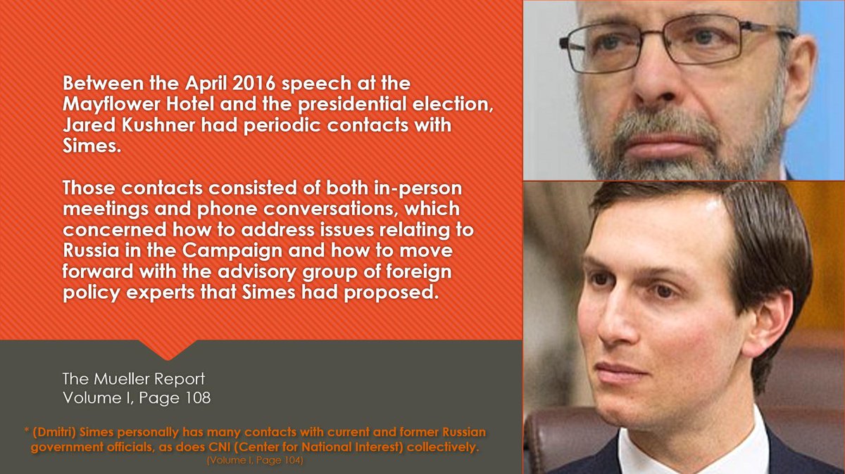 Jared Kushner went directly to a Russian-American think tank to develop Trump's foreign policy. They met *throughout 2016* to refine Trump's pro-Russia policy - at the same time the Russian military was attacking Trump's opponent.  #MuellerReport  #Simes  #Kushner  #CNI