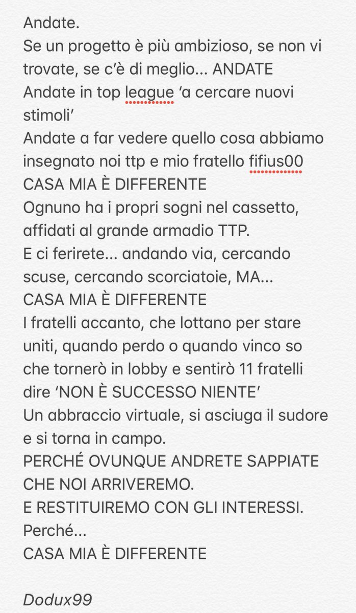 Feriti nell’orgoglio proprio a casa nostra...
Abbiamo trovato gli stimoli che cercavamo.
La strada è lunga. Dimostreremo a tutti che non siamo gli ultimi arrivati
<a href="/TTPesport/">TTP ESPORT</a> @fifius00