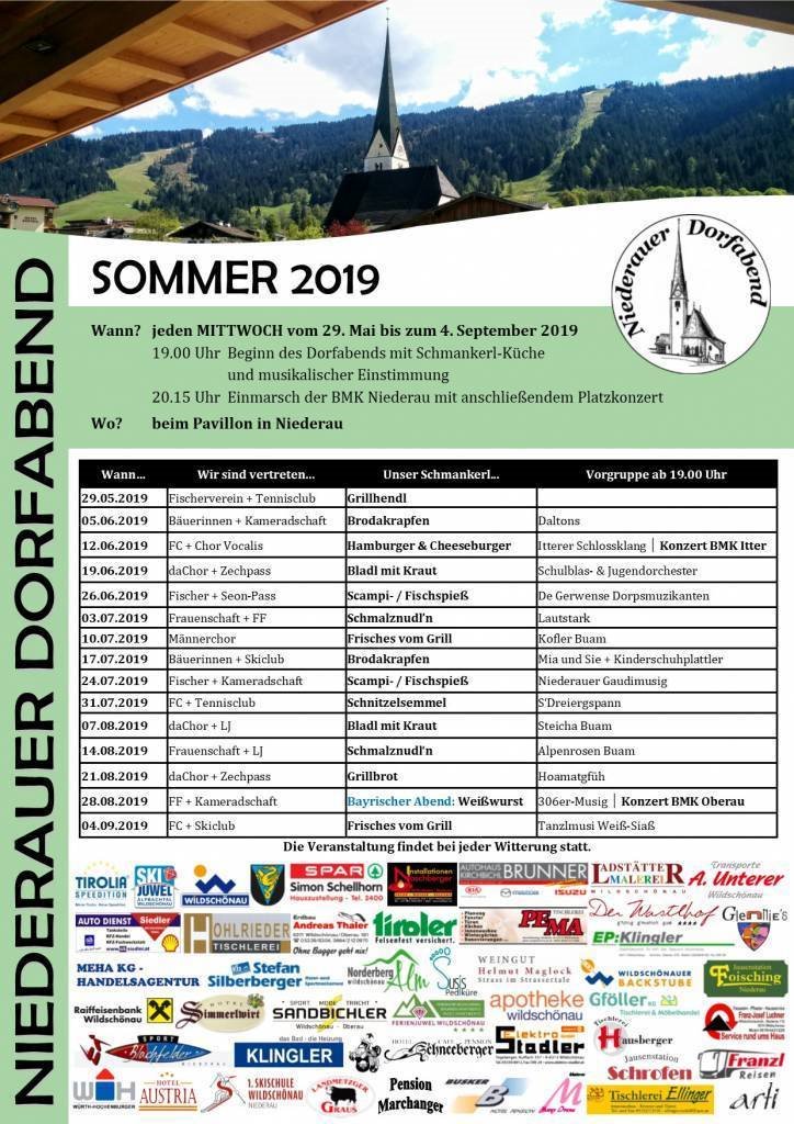 Sonnenalp_Tirol's tweet image. Programma Dorfabend in Niederau, Wildschönau/Tirol, zomer 2019