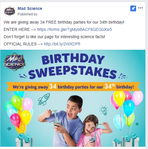MadScienceSD's tweet photo. We are giving away 34 FREE birthday parties for our 34th birthday!

ENTER HERE --> https://t.co/xpoYt9lr5k

Don’t forget to like our page for interesting science facts!

OFFICIAL RULES --> https://t.co/S83llQdfyy https://t.co/dUPpQmAt5o