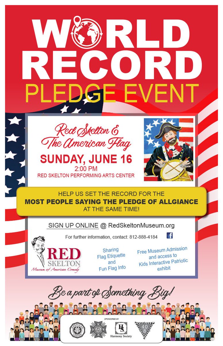 Join us Sunday, June 16th at the Red Skelton Performing Arts Center to celebrate the American Flag and attempt to set a World Record for the most people saying the Pledge of Allegiance at the same time. The Event begins at 2:00 PM. Sign-up redskeltonmuseum.org/red-skelton-an…