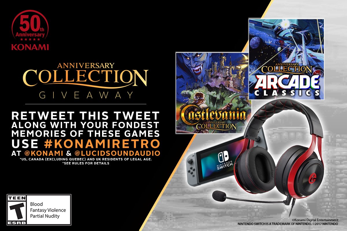 Konami's tweet image. Konami’s 50th Anniversary is rolling along w/ the #Castlevania Collection out now!  RT this Tweet &amp;amp; #KonamiRetro + your fondest retro gaming memories.  Follow @Konami &amp;amp; @LucidSoundAudio.  We will randomly choose ONE winner from the US, UK or Canada* RULES: konami.com/games/us/en/to…