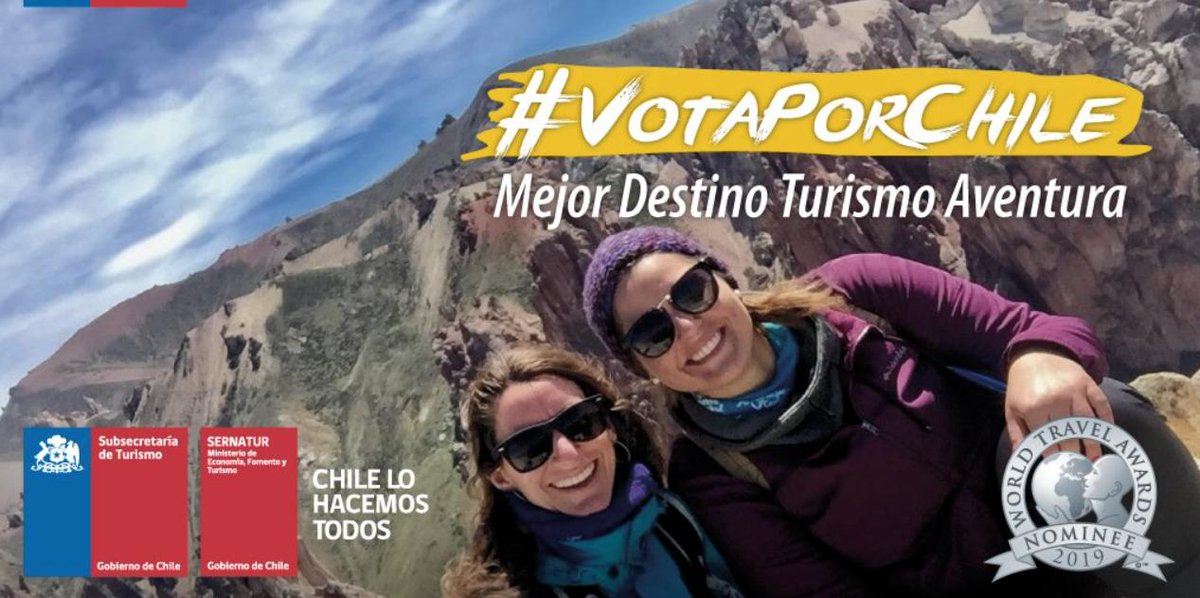 subturismo's tweet photo. ¡Vamos con todo para ser Pentacampeones de los World Travel Awards #Sudamérica 2019 en la categoría Turismo de Aventura 🧗♂️🏄♀️🚵♀️ #VotaPorChile aquí 👉🏼 https://t.co/Aw9IesGpiY #TravelAdventure #WTA2019 #ChileDestination #ViajaPorChile #Landscape #Turismo #Viajar #Travel #Tourism https://t.co/VYRqL4kHwg