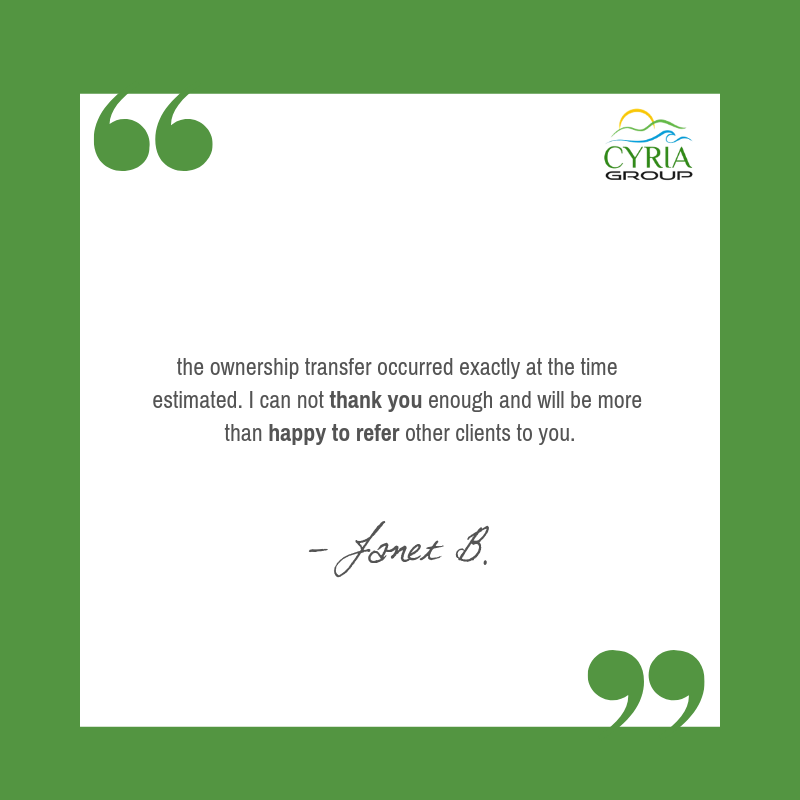 Cyria Group is committed to finding viable timeshare transfer strategies that work for the entire industry, especially for the consumers that support it. See Janet’s thoughts about her experience.
#CyriaGroup #Testimonials #ReputableCompany