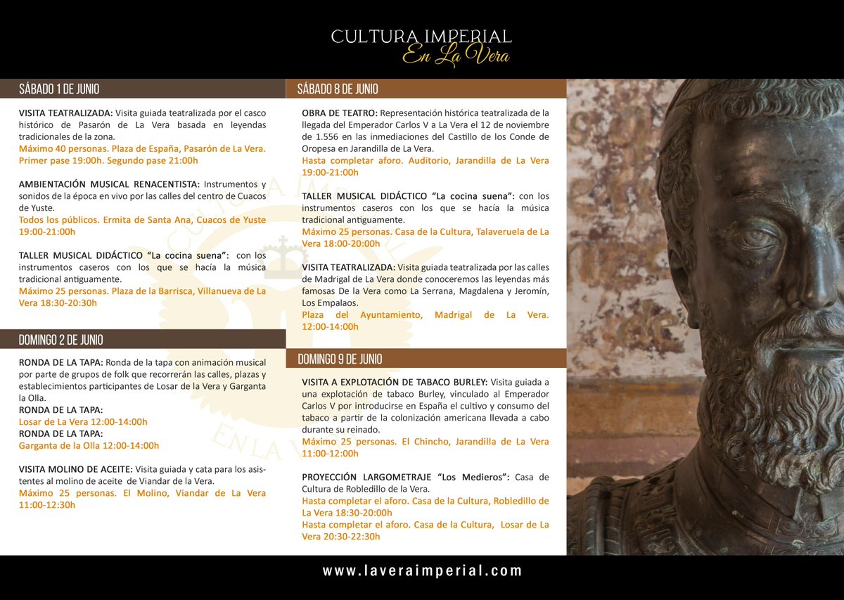 Turismo_DipCC's tweet photo. Descarga el programa e inscríbete gratis en las actividades lúdico-culturales de #CulturaImperial, en la web https://t.co/QnzQTzpSW4
#LaVera #verateando #TurismoCaceres #TurismoExtremadura #cultura #turismocultural https://t.co/LEcCRHojTF
