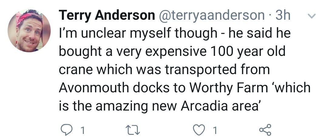 TheGlastoThingy's tweet photo. At a talk today Michael Eavis has confirmed the new Arcadia is constructed from a decommissioned crane from Avonmouth docks (thanks to @terryaanderson for the info).

A quick Google search throws up this possibility. https://t.co/OgN4MaaSm7