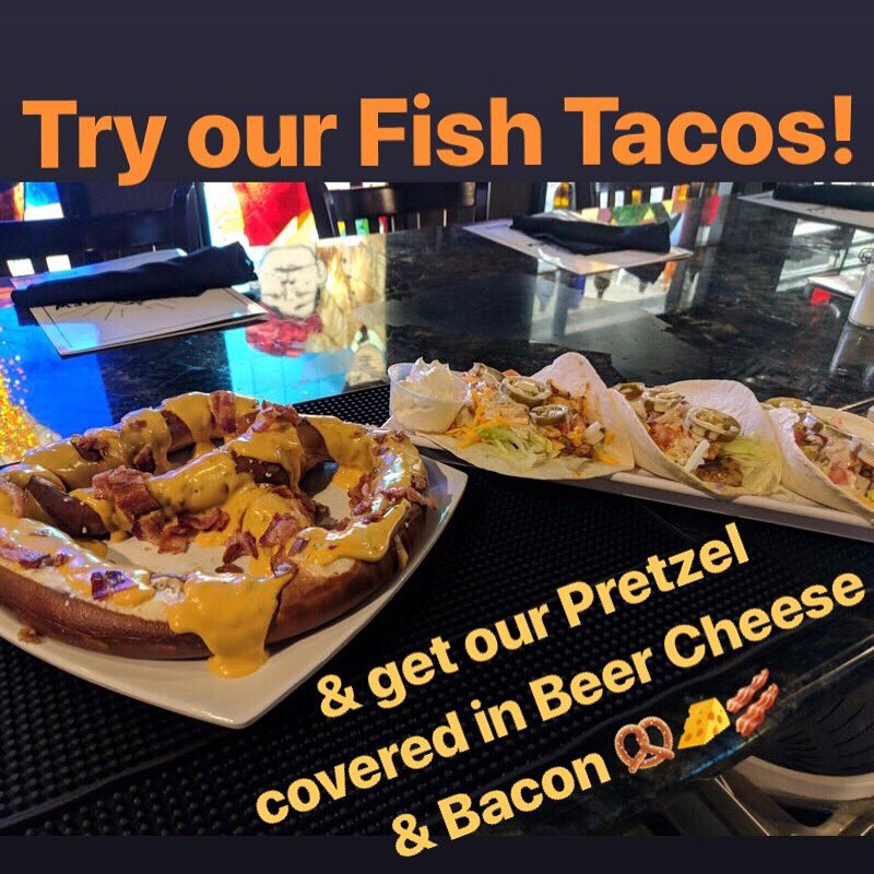 Pictured here is our amazing Fish Tacos &amp; our tasty Pretzel doused in Beer Cheese and topped w Bacon!!!
Wash it down with any of our glorious Effing Brews!!!