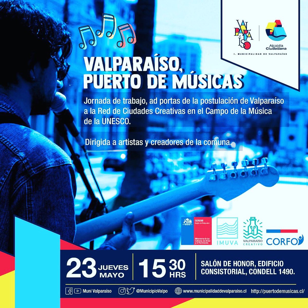 Atención comunidad de artistas y creadores de Valparaíso. Lxs invitamos a participar de la Jornada de postulación de Valparaíso Ciudad Musical ante la UNESCO. Importante contar con su participación, es aquí donde se socializarán y ajustará la postulación.