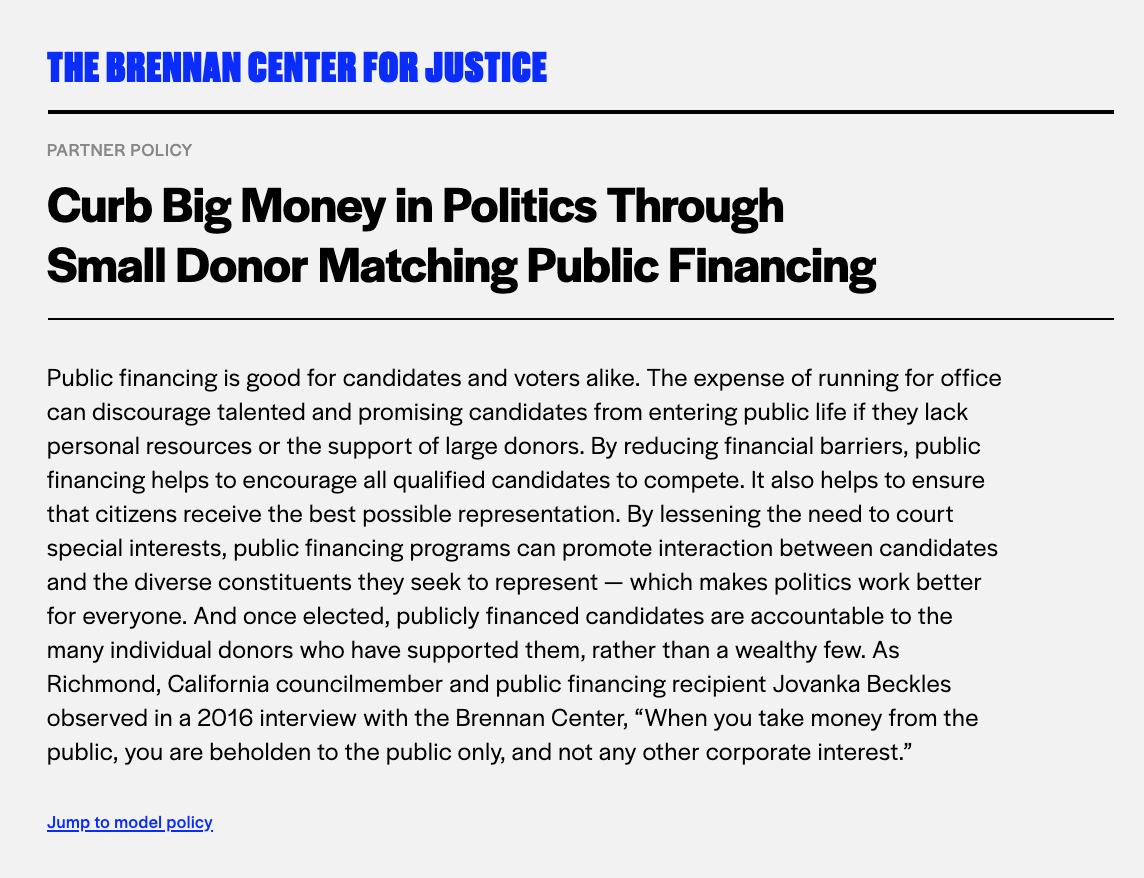 Curb Big Money in Politics Through Small Donor Matching Public Financing
