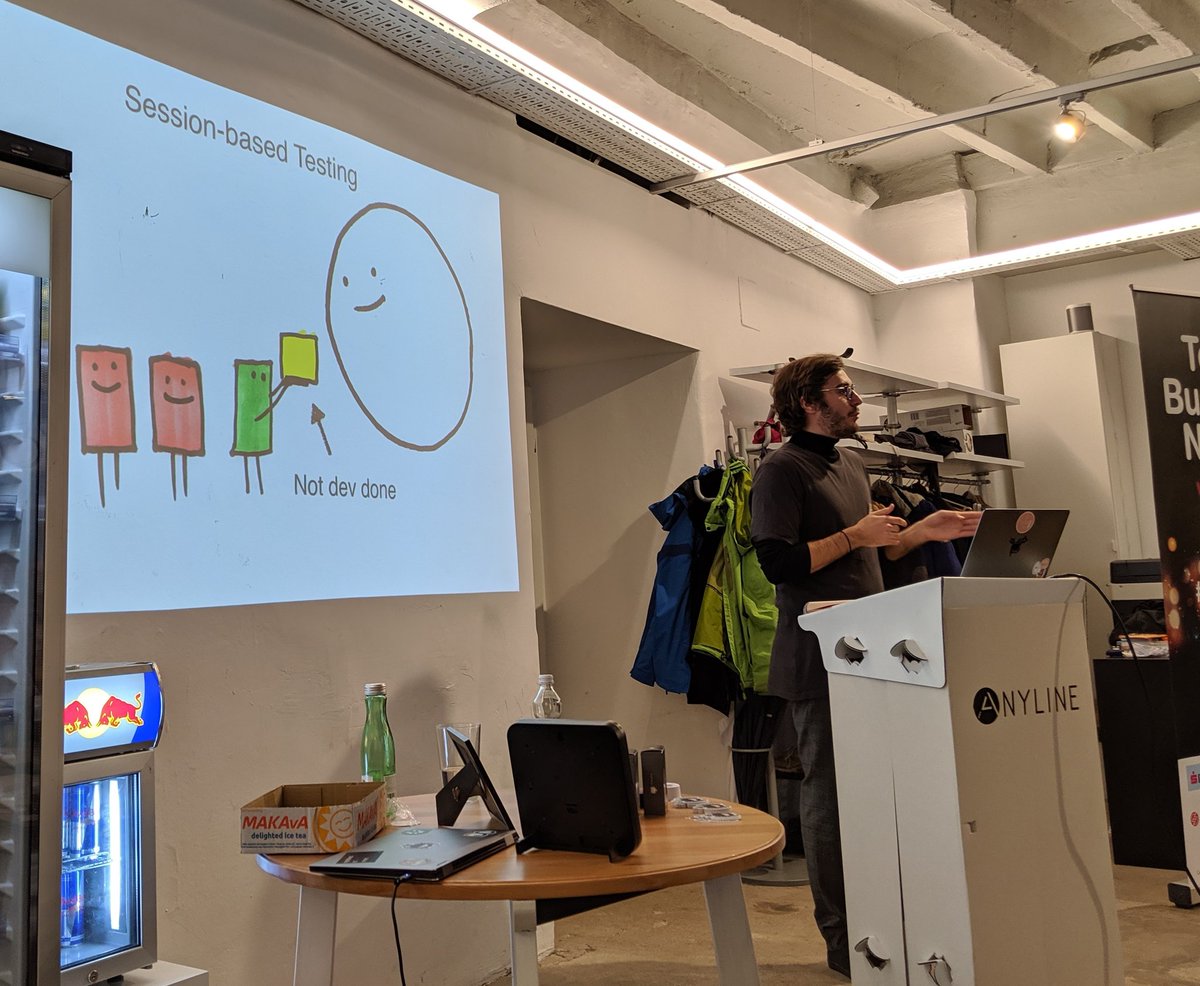 FriendlyTester's tweet photo. Adi Zahic talking about session based testing at #TestBusters, hosted by @anyline.
Adi is explaining how his teams have found session based testing keeps them focused. https://t.co/aAc1onkn0F