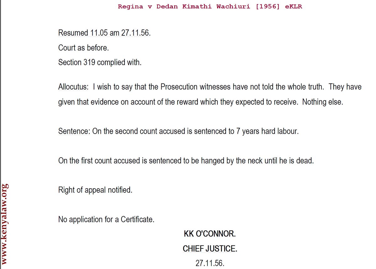 KResearcher's tweet photo. The ruling on Dedan Kimathi in 1956 by the the Chief Justice. The first part of his ruling is quite bizarre when looked together with his final ruling. https://t.co/sXUSCTHqXN