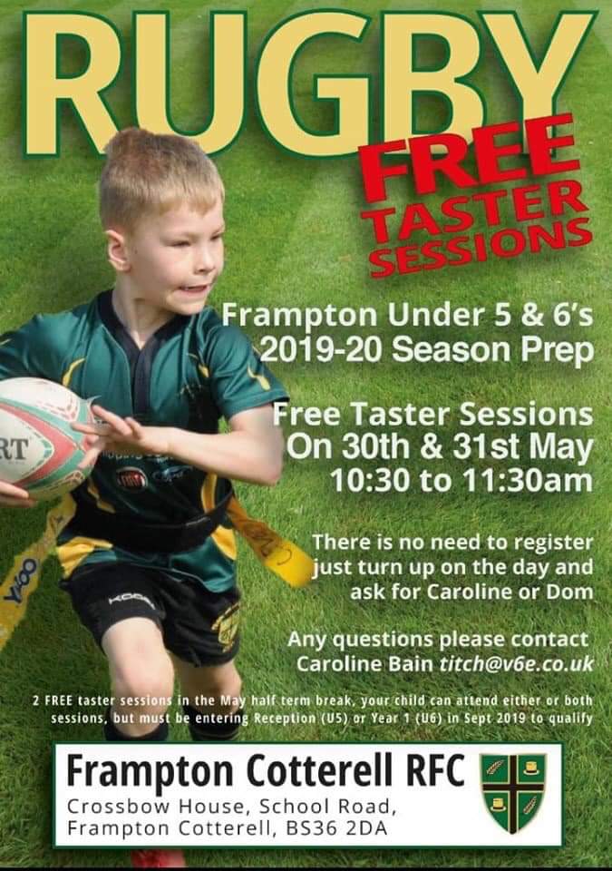 FramptonRFC's tweet photo. Bring along your boys and girls for these #framtastic #freerugby taster sessions.
Come see why we really are THE family club of Bristol.
#upthefram https://t.co/DmPD82LFih