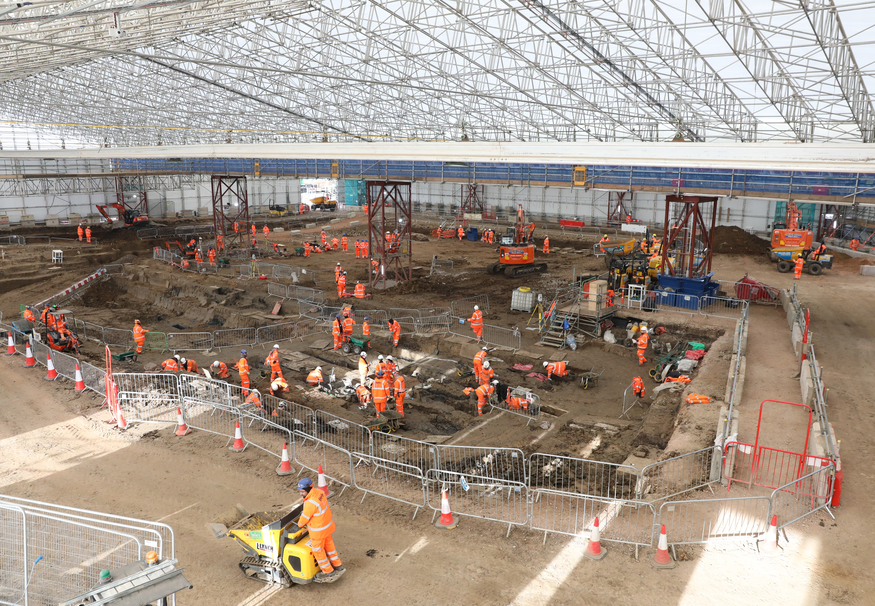 The 130m x 75m multi-span duo-pitched temporary roof for the exhumation works at St. James’ Gardens, London Euston, designed by RDG.