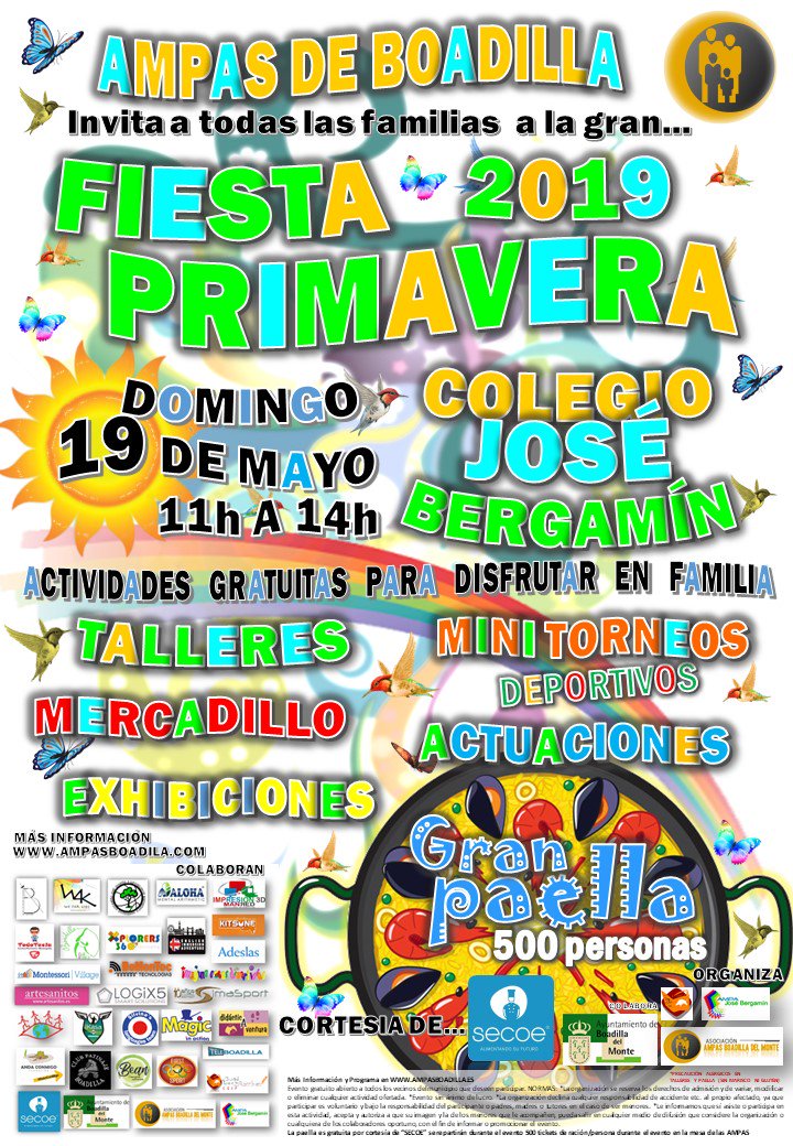 Ya queda menos! La gran Fiesta de la Primavera y las familias de #Boadilla domingo 19 de mayo de 11a14h ¡Estáis tod@s invitados! juegos, talleres, actuaciones... y por supuesto a comer la súper Paella cole Bergamín <a href="/Ayto_Boadilla/">Ayuntamiento de Boadilla del Monte</a> <a href="/TeleBoadilla/">TeleBoadilla</a> #Familia #educacion <a href="/diarioboadilla/">Diario de Boadilla</a>