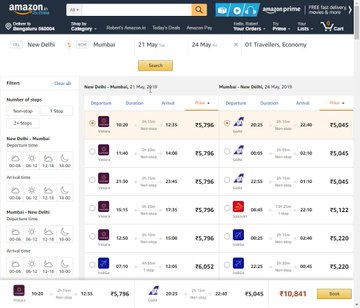 Amazon Flights - Search Results Page