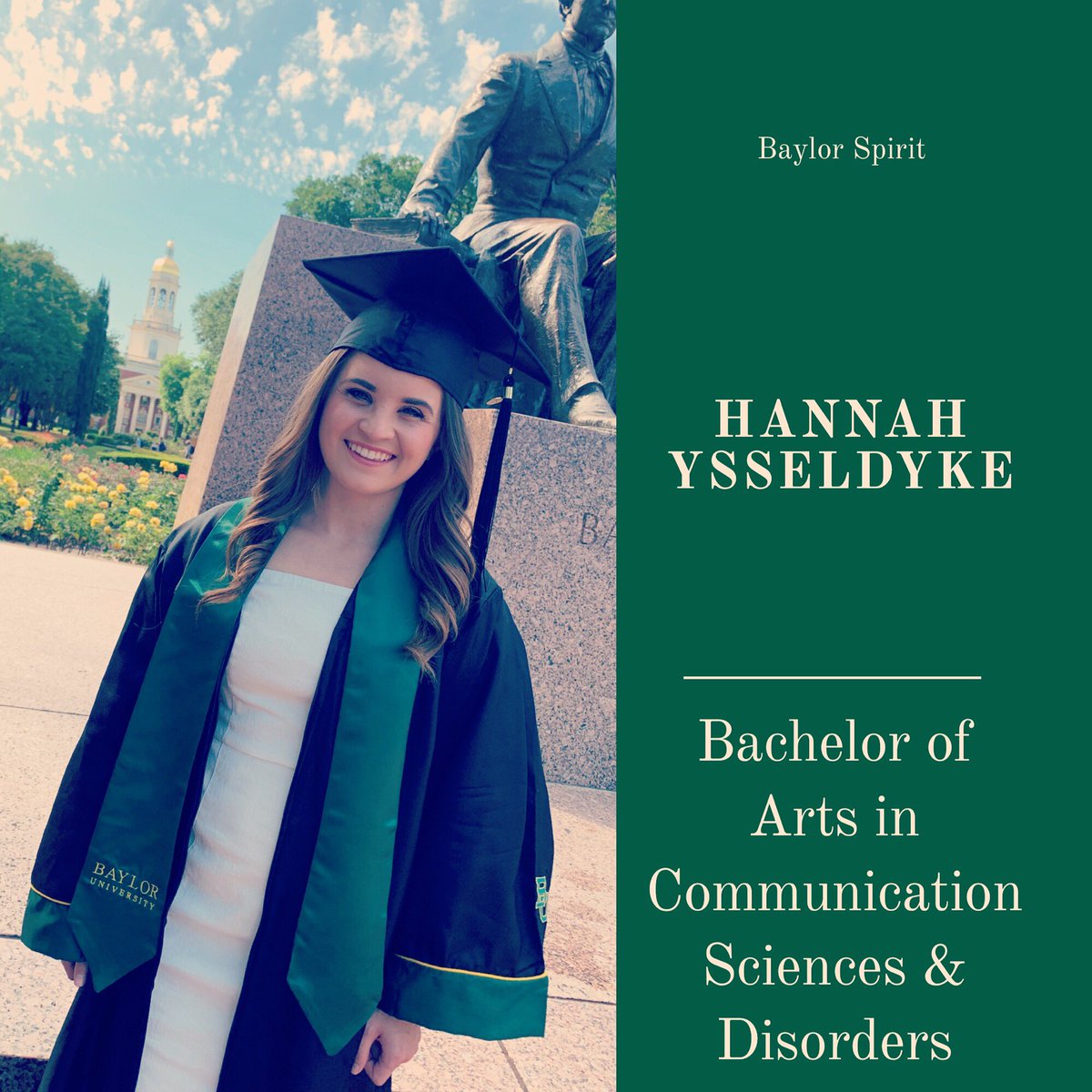 BaylorSpirit's tweet image. Hannah Ysseldyke, 3yr member of the coed cheer team, is headed to LSU for a Masters in Speech-Language Pathology. Then it will be on to the Pediatric/NICU swallowing unit! She will make a huge difference and we can’t wait to see all she does in the future!💚💛🐻 #sicemforever