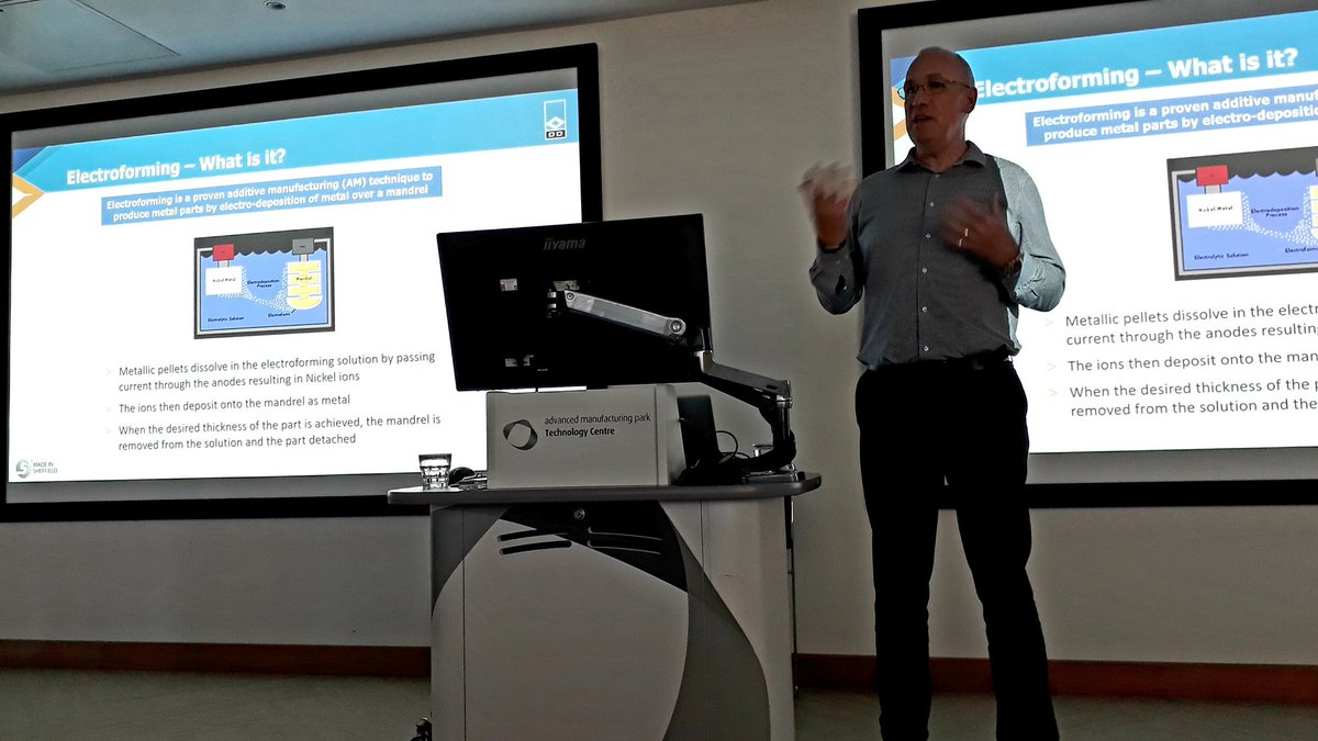 IMechE_SYA's tweet photo. Hands up, who's heard of electroforming? Andy Woods of Doncasters Bramah tells us about the oldest of Additive Manufacturing processes @AMPTechCentre https://t.co/ALyLXABHGA