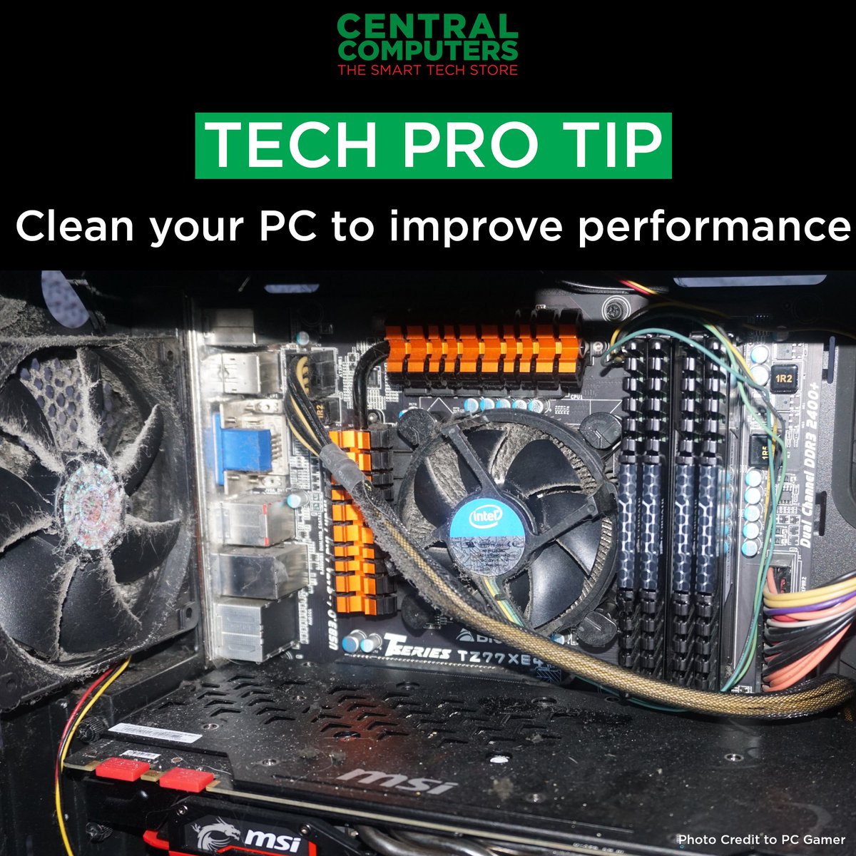 centralcomputer's tweet image. #TechProTip: Clean out your PC at least once a year! Dust can cause all sorts of problems in your computer's performance.