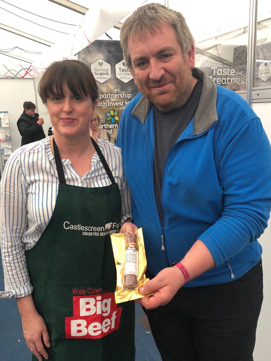 lovejaguarftype's tweet photo. Damian Tumelty and Jackie Gibson ⁦@CastlescreenFrm⁩ launching the new Dexter beef salami ⁦@balmoralshow⁩ #worldsbestfood #tastethegreatness #lovelocalfood https://t.co/lMRMWNPdDC