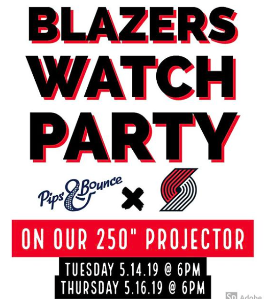 Come in to Pips and Bounce for our 
BLAZERS WATCH PARTY on our 250” projector 
Thursday 5.16.19 <a href="/6pm/">Follow us @Shop6pm!</a>
#blazers #pdx #portlandtrailblazers #portland #ripcity #goblazers #playoffsnba #playoffs #pingyourpong