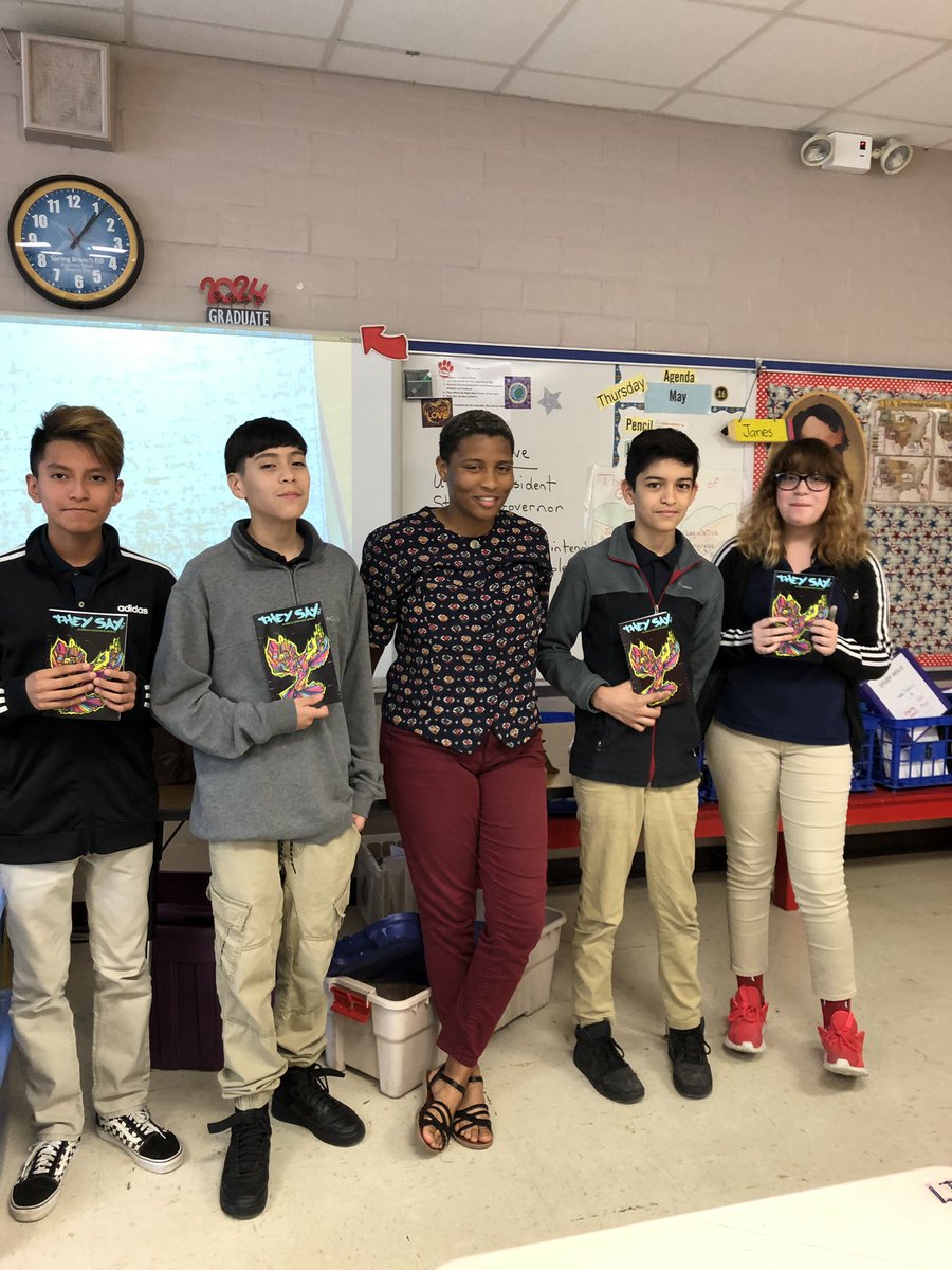 Landrum Lion poets signed copies of “They Say” to give to Landrum Library! So proud of these young talented writers!Thank you Ms. Carter for investing in our lives! #youngandtalented #cantwaittoseewhatthefutureholds @Samuel_Karns @SBISD @SB_Humanities @SBISDCommunity @LandrumMS
